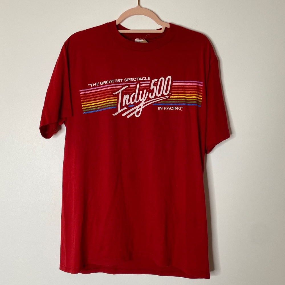 VINTAGE INDY 500 VELVA-SHEEN Red Single-Stitch Rainbow Graphic Tee XL